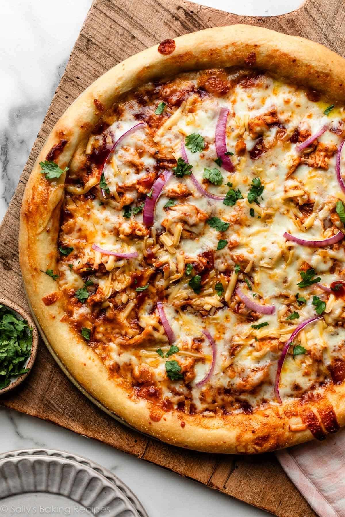 A delicious homemade BBQ chicken pizza