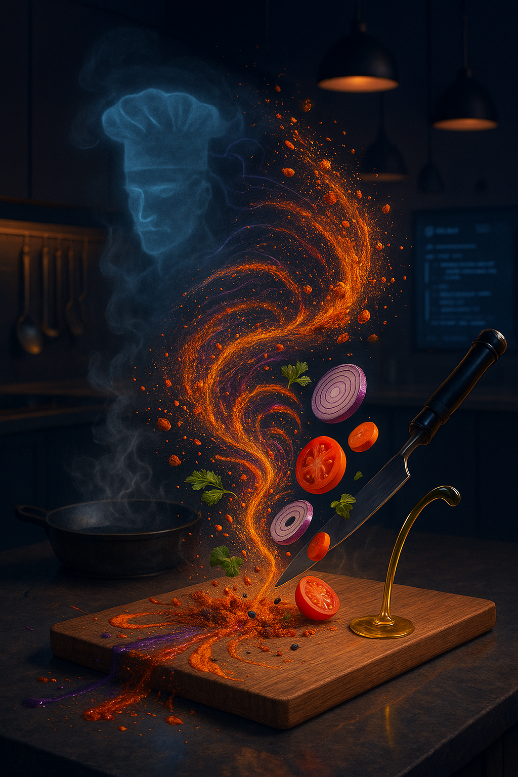 AI creating a recipe from levitating fresh ingredients