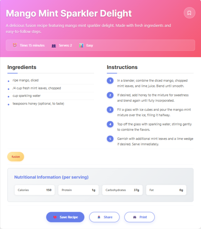 Screenshot of the AI generated recipe