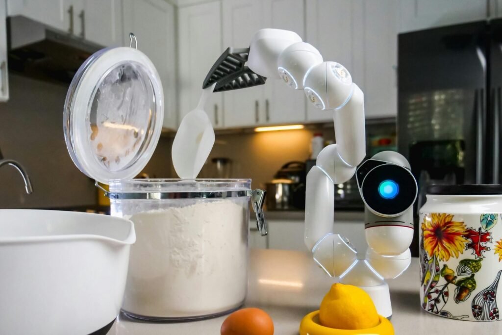 A futuristic kitchen robot assists with ingredients on a countertop.